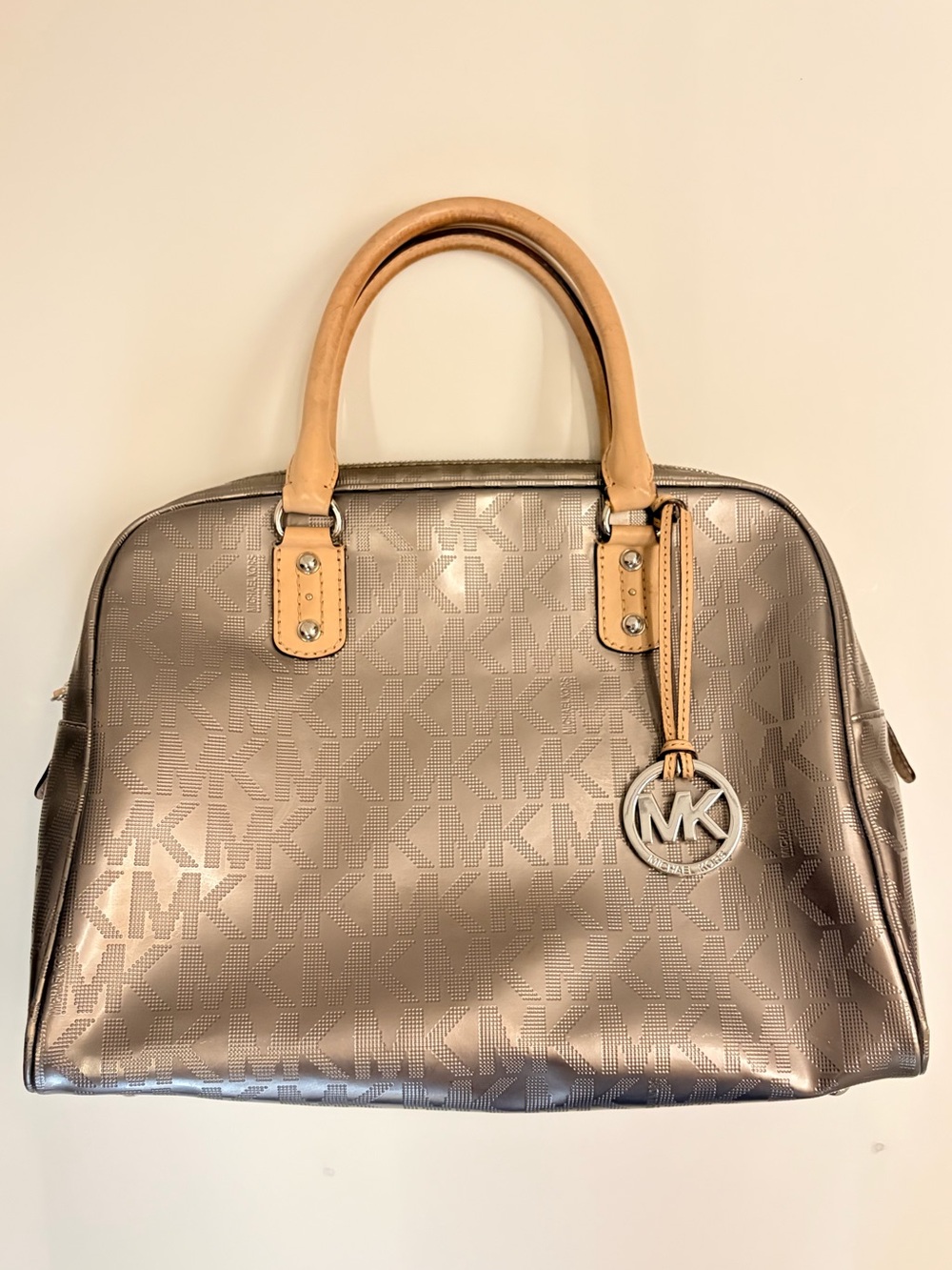 Michael Kors Metallic Taupe Dome Satchel with Tan Leather Handles